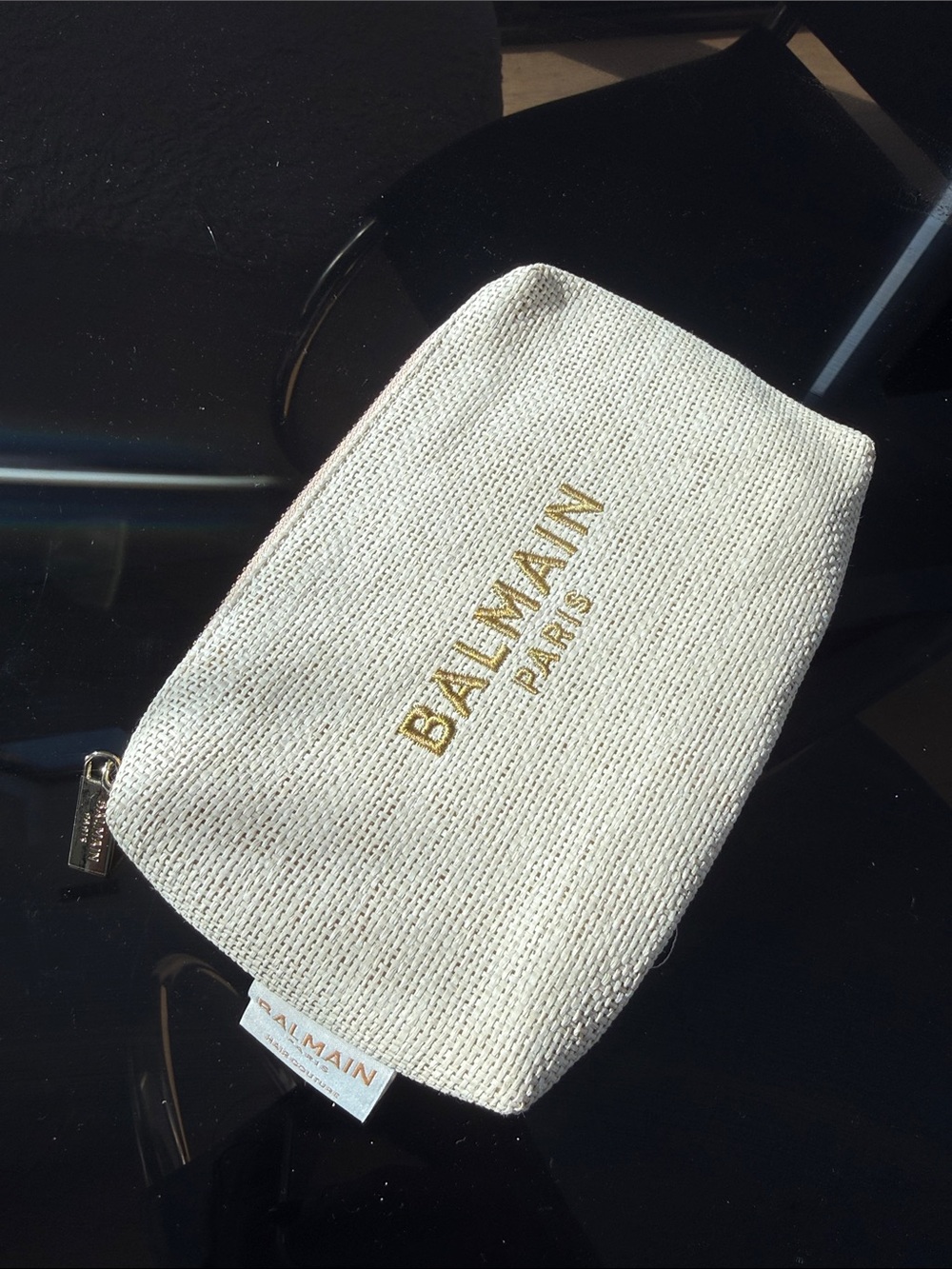 Balmain Cream and Gold Logo Cosmetic Pouch